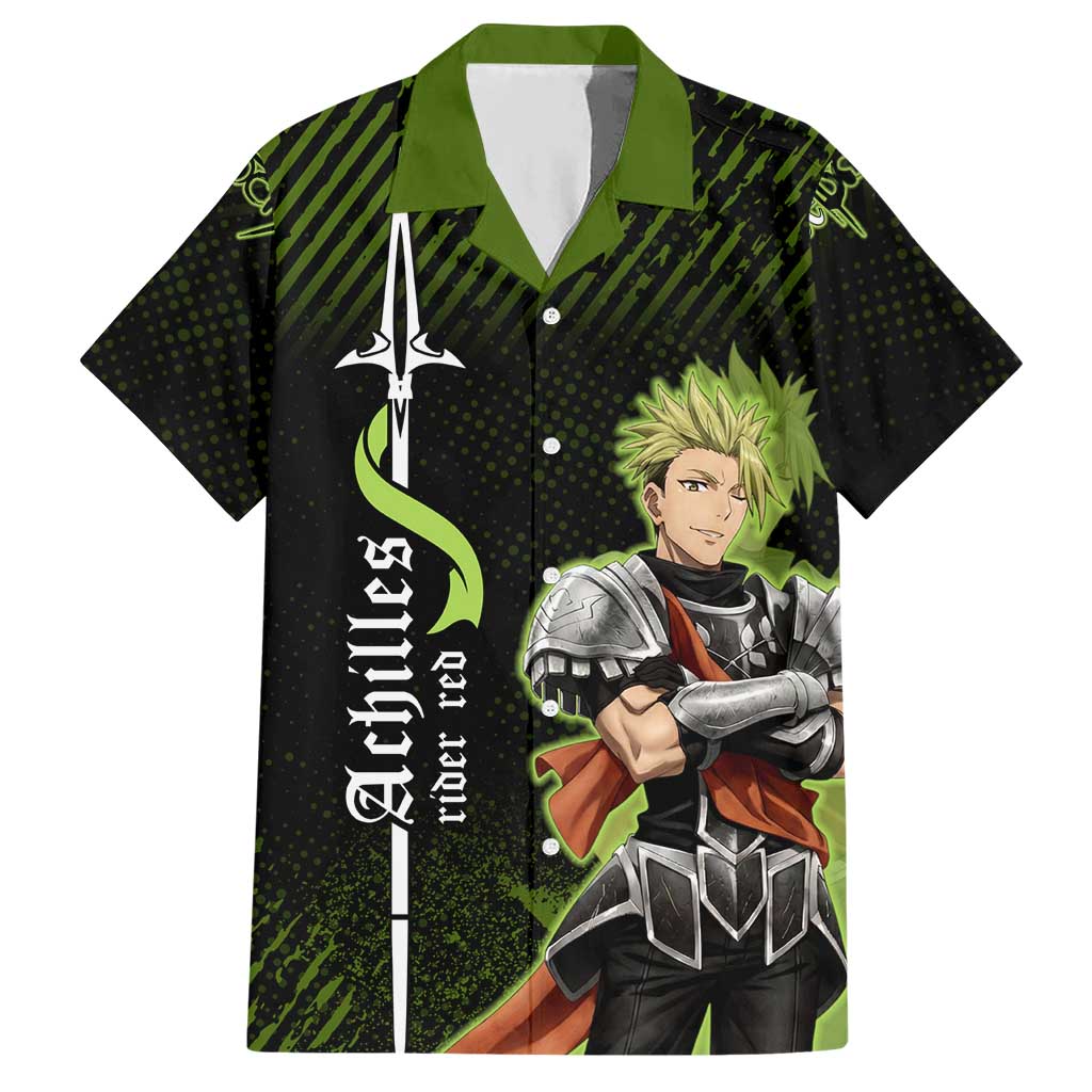Achilles Fate Apocrypha Theme Hawaiian Shirt with Spear Pose and Green Black Grunge Graphic Design - The Mazicc