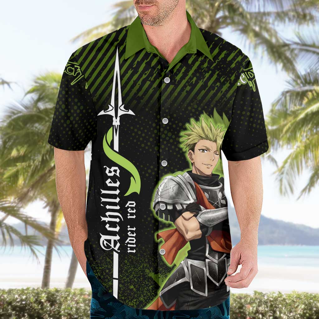 Achilles Fate Apocrypha Theme Hawaiian Shirt with Spear Pose and Green Black Grunge Graphic Design - The Mazicc