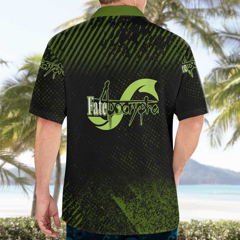 Achilles Fate Apocrypha Theme Hawaiian Shirt with Spear Pose and Green Black Grunge Graphic Design - The Mazicc