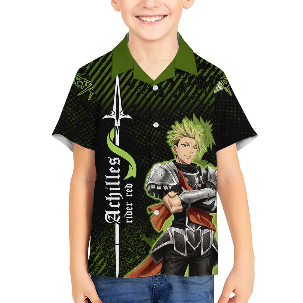 Achilles Fate Apocrypha Theme Hawaiian Shirt with Spear Pose and Green Black Grunge Graphic Design - The Mazicc
