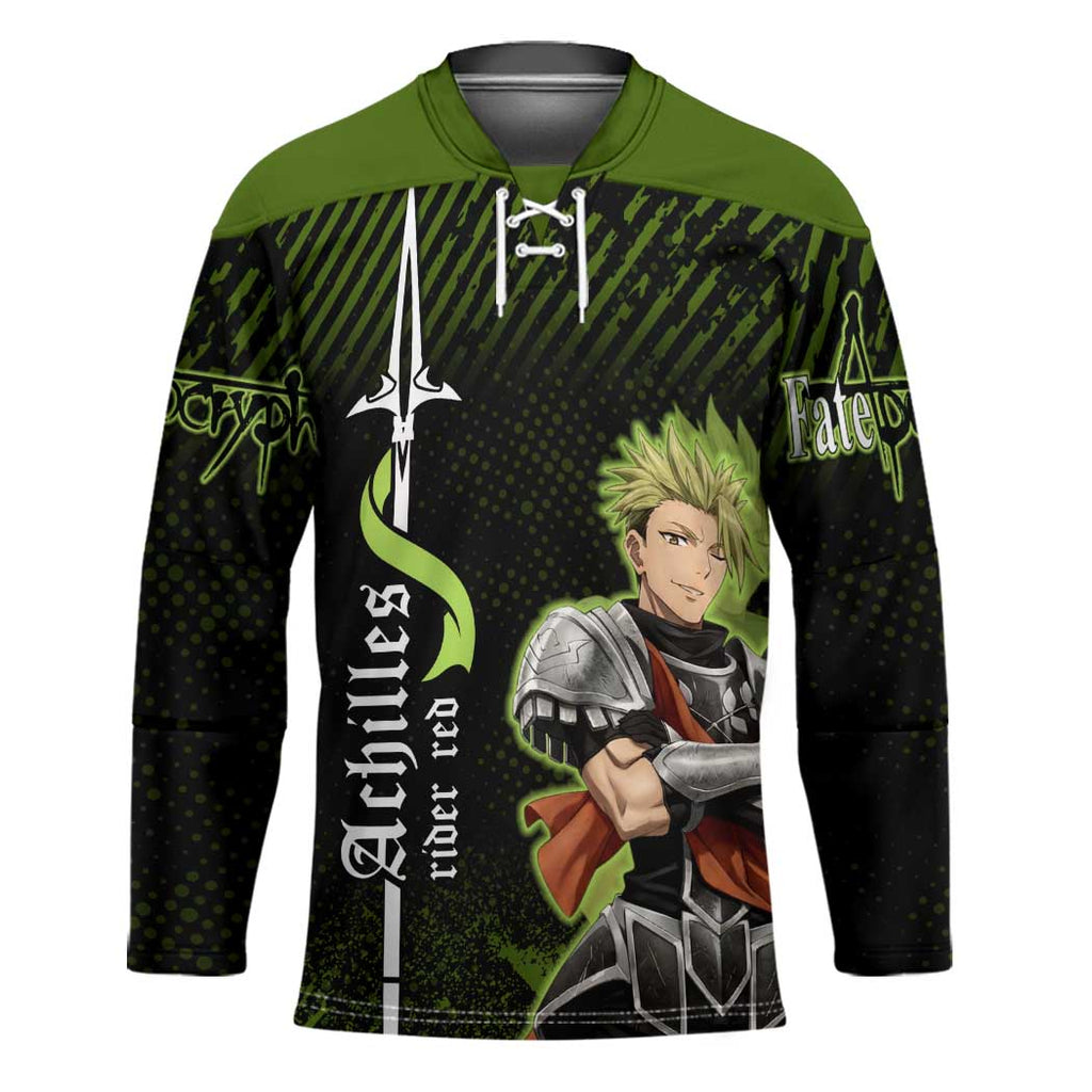 Achilles Fate Apocrypha Theme Hockey Jersey with Spear Pose and Green Black Grunge Graphic Design - The Mazicc