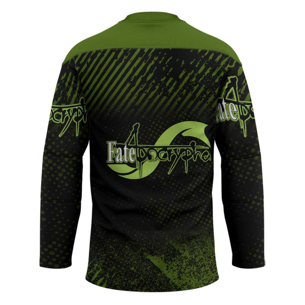 Achilles Fate Apocrypha Theme Hockey Jersey with Spear Pose and Green Black Grunge Graphic Design - The Mazicc