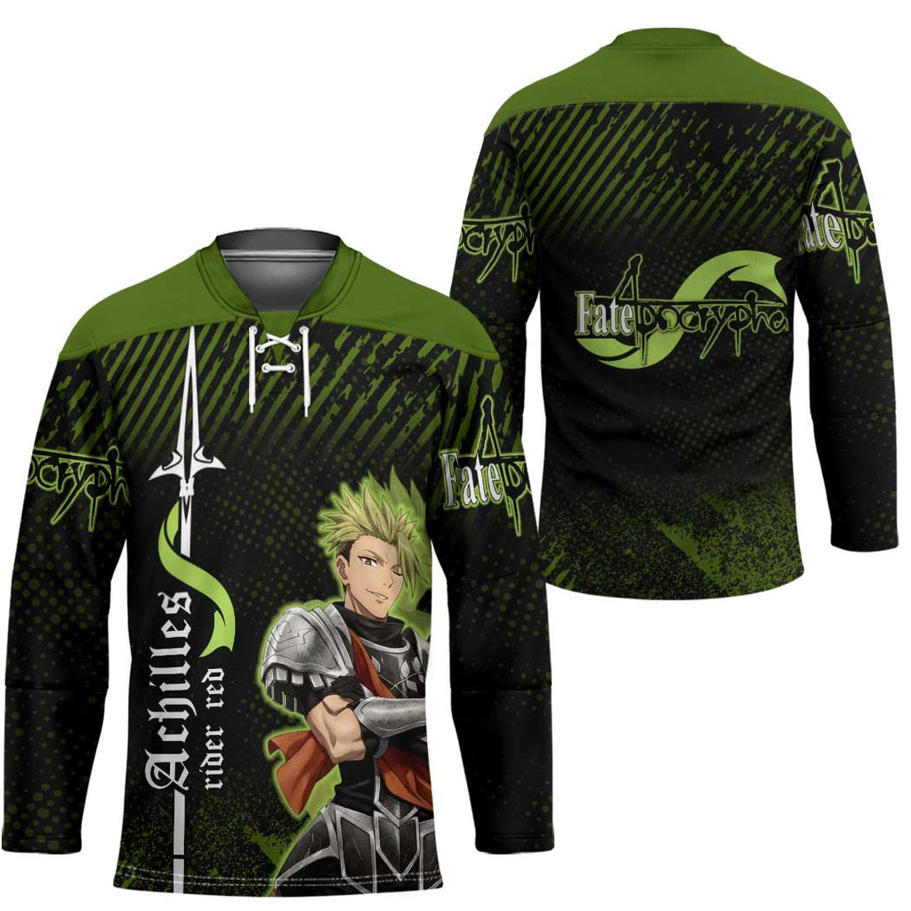 Achilles Fate Apocrypha Theme Hockey Jersey with Spear Pose and Green Black Grunge Graphic Design - The Mazicc