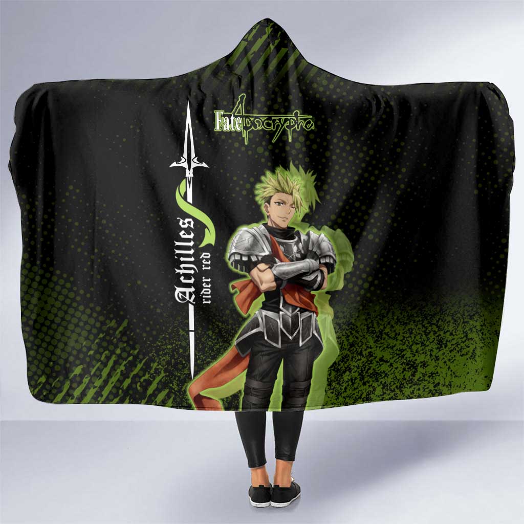 Achilles Fate Apocrypha Theme Hooded Blanket with Spear Pose and Green Black Grunge Graphic Design - The Mazicc