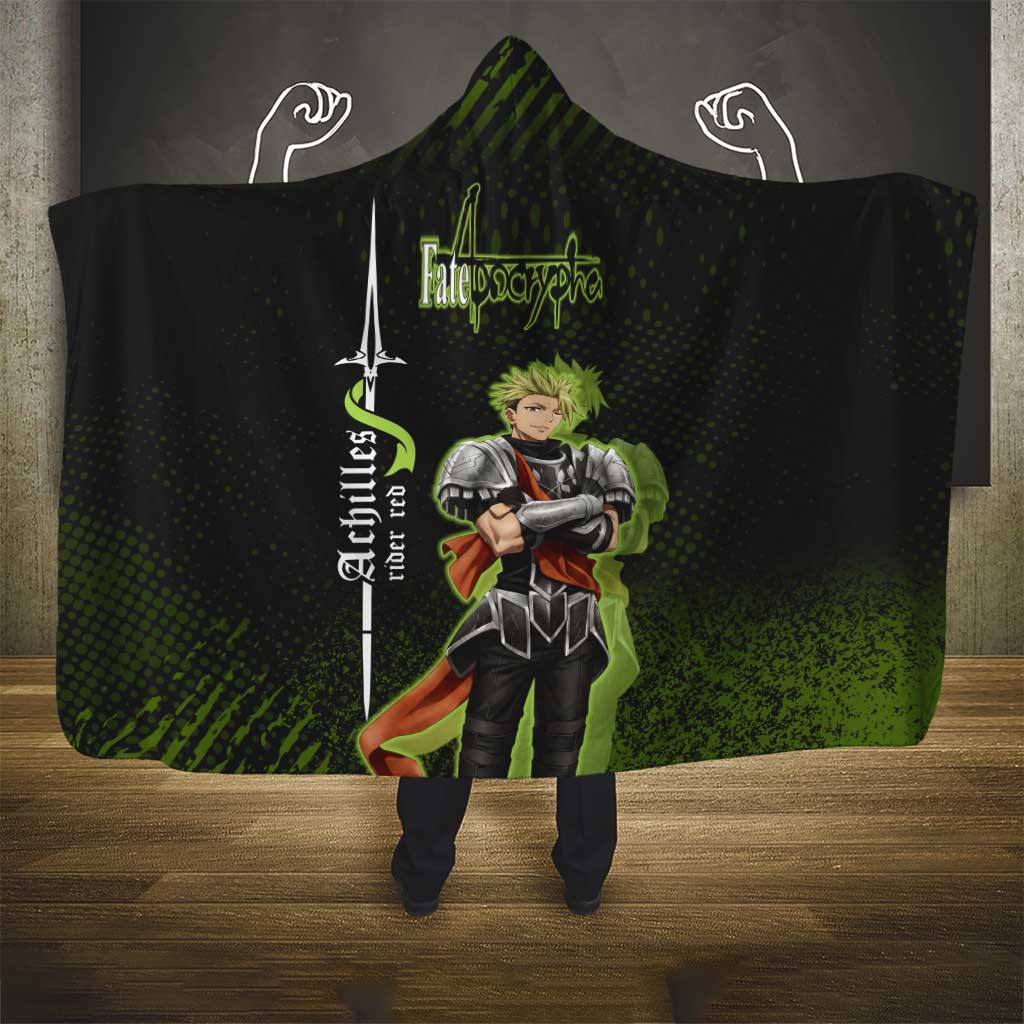 Achilles Fate Apocrypha Theme Hooded Blanket with Spear Pose and Green Black Grunge Graphic Design - The Mazicc