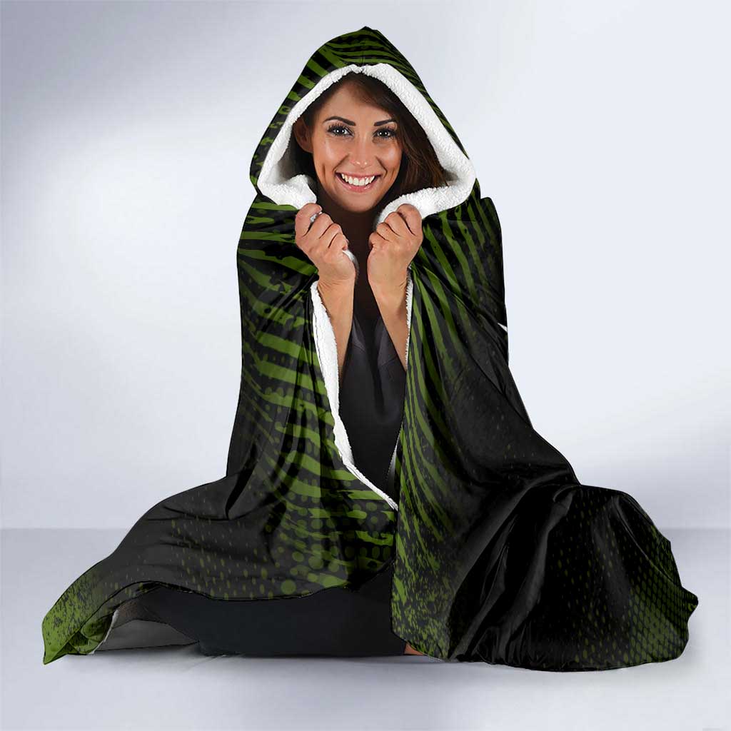 Achilles Fate Apocrypha Theme Hooded Blanket with Spear Pose and Green Black Grunge Graphic Design - The Mazicc