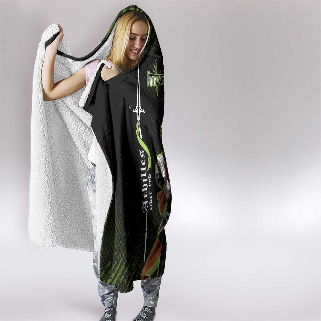 Achilles Fate Apocrypha Theme Hooded Blanket with Spear Pose and Green Black Grunge Graphic Design - The Mazicc