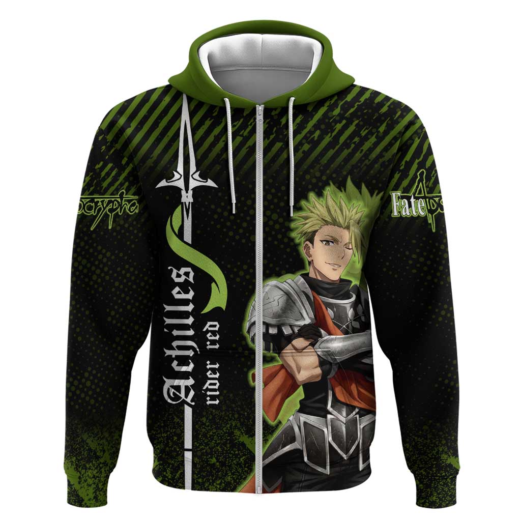 Achilles Fate Apocrypha Theme Hoodie with Spear Pose and Green Black Grunge Graphic Design - The Mazicc