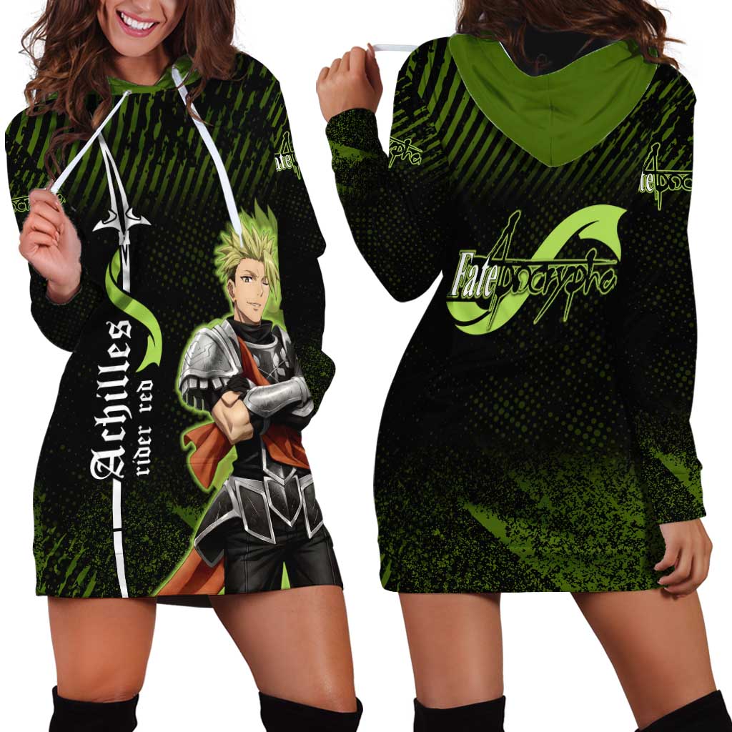 Achilles Fate Apocrypha Theme Hoodie Dress with Spear Pose and Green Black Grunge Graphic Design - The Mazicc