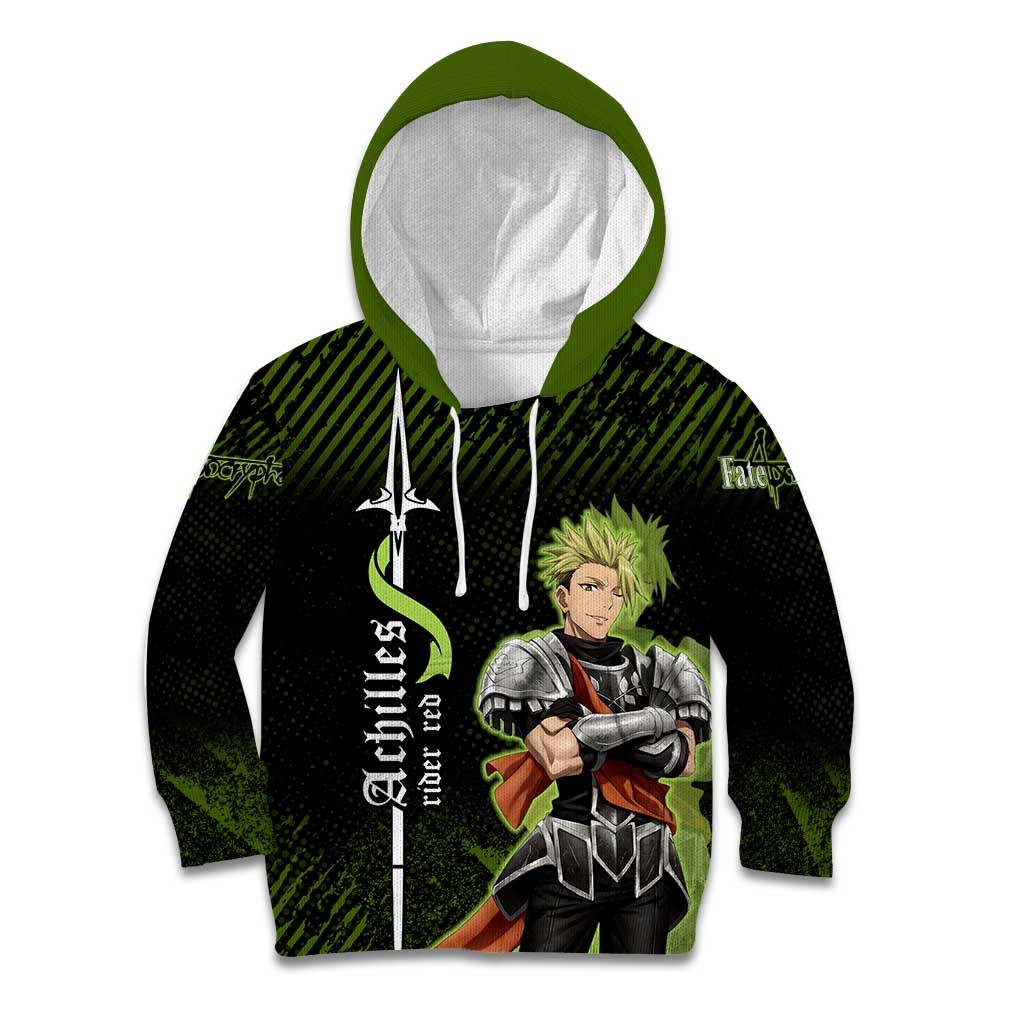 Achilles Fate Apocrypha Theme Kid Hoodie with Spear Pose and Green Black Grunge Graphic Design - The Mazicc