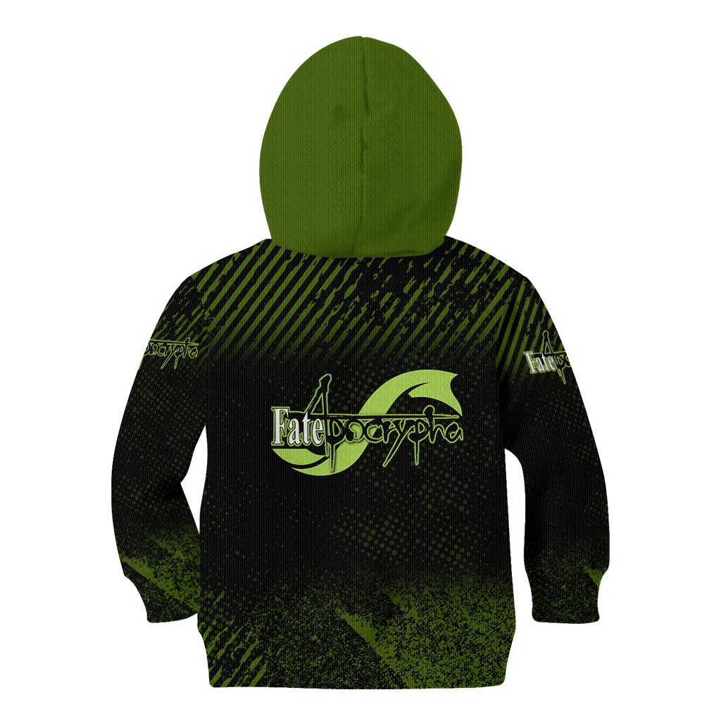 Achilles Fate Apocrypha Theme Kid Hoodie with Spear Pose and Green Black Grunge Graphic Design - The Mazicc