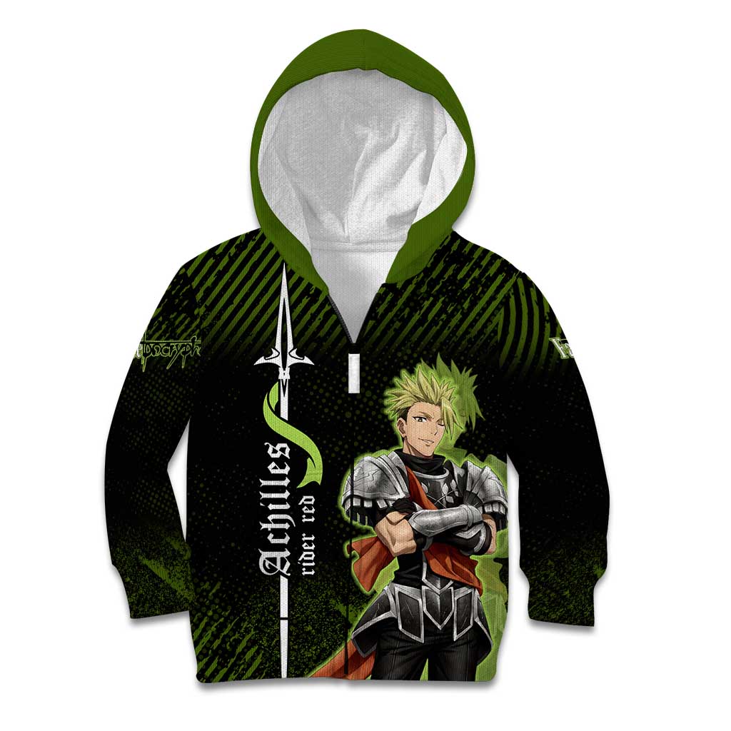 Achilles Fate Apocrypha Theme Kid Hoodie with Spear Pose and Green Black Grunge Graphic Design - The Mazicc