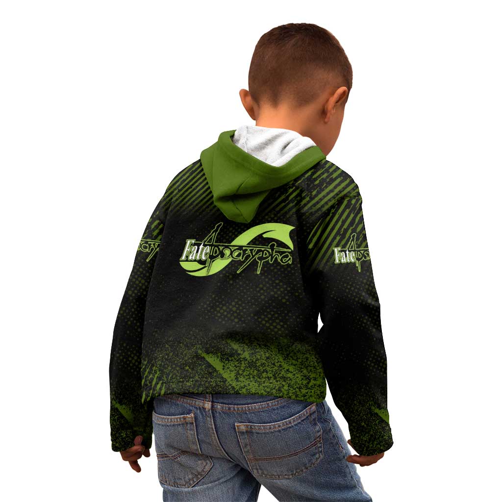 Achilles Fate Apocrypha Theme Kid Hoodie with Spear Pose and Green Black Grunge Graphic Design - The Mazicc