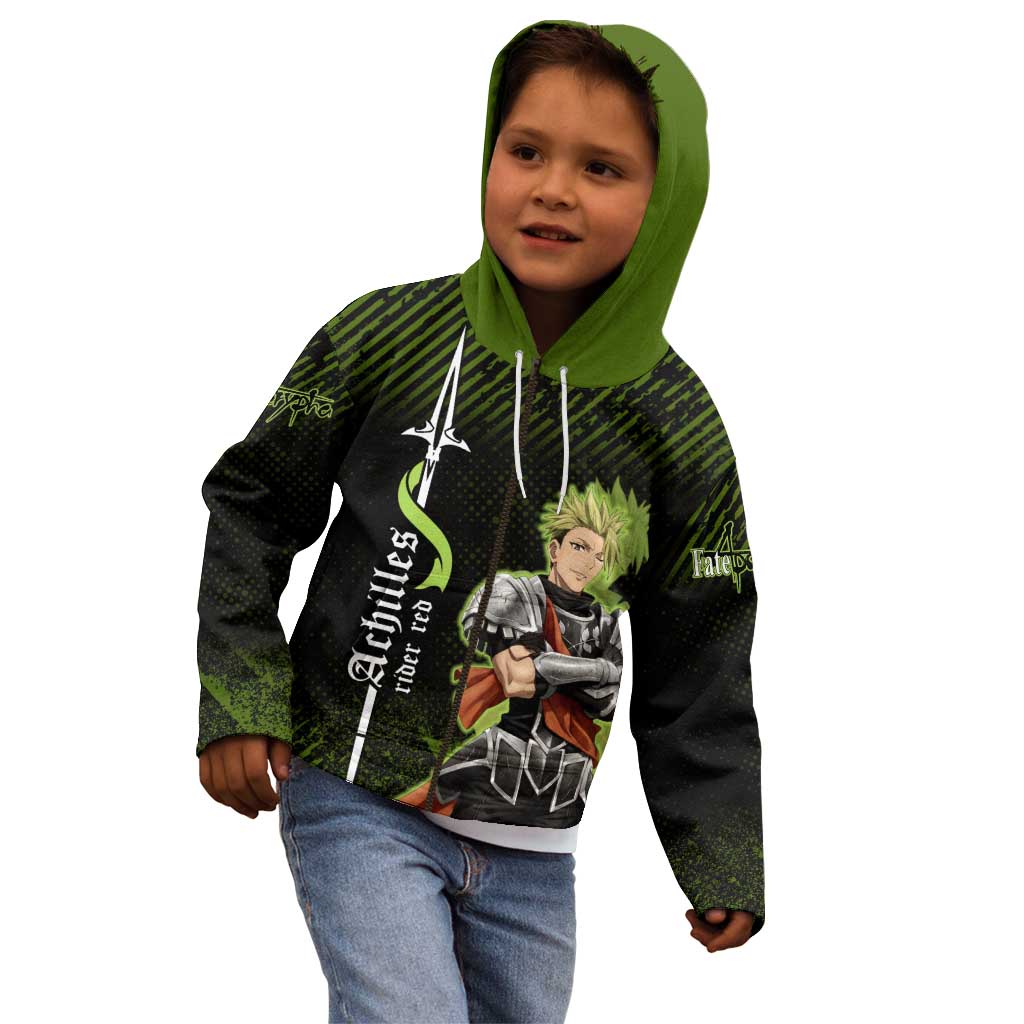 Achilles Fate Apocrypha Theme Kid Hoodie with Spear Pose and Green Black Grunge Graphic Design - The Mazicc