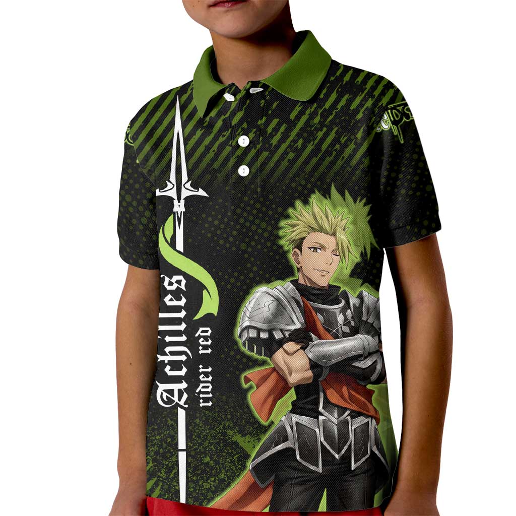 Achilles Fate Apocrypha Theme Kid Polo Shirt with Spear Pose and Green Black Grunge Graphic Design - The Mazicc
