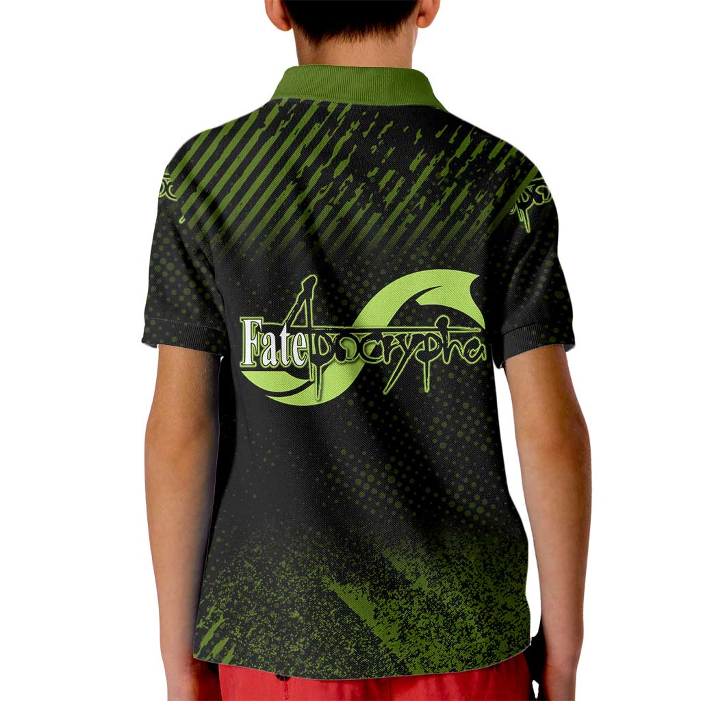 Achilles Fate Apocrypha Theme Kid Polo Shirt with Spear Pose and Green Black Grunge Graphic Design - The Mazicc