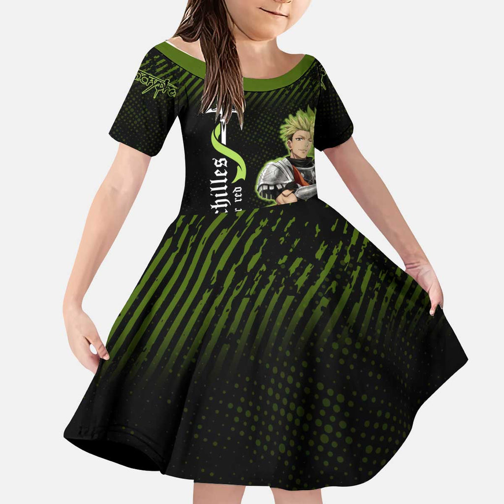 Achilles Fate Apocrypha Theme Kid Short Sleeve Dress with Spear Pose and Green Black Grunge Graphic Design - The Mazicc