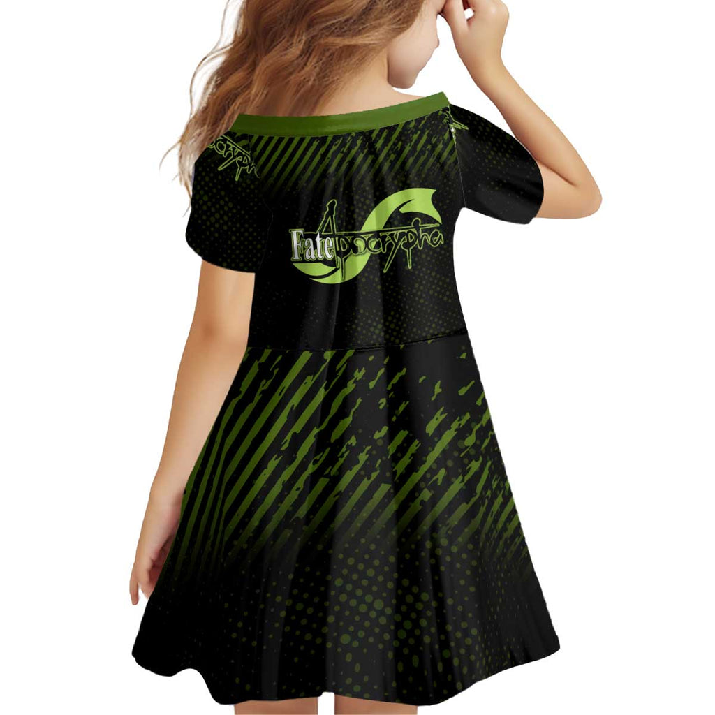 Achilles Fate Apocrypha Theme Kid Short Sleeve Dress with Spear Pose and Green Black Grunge Graphic Design - The Mazicc