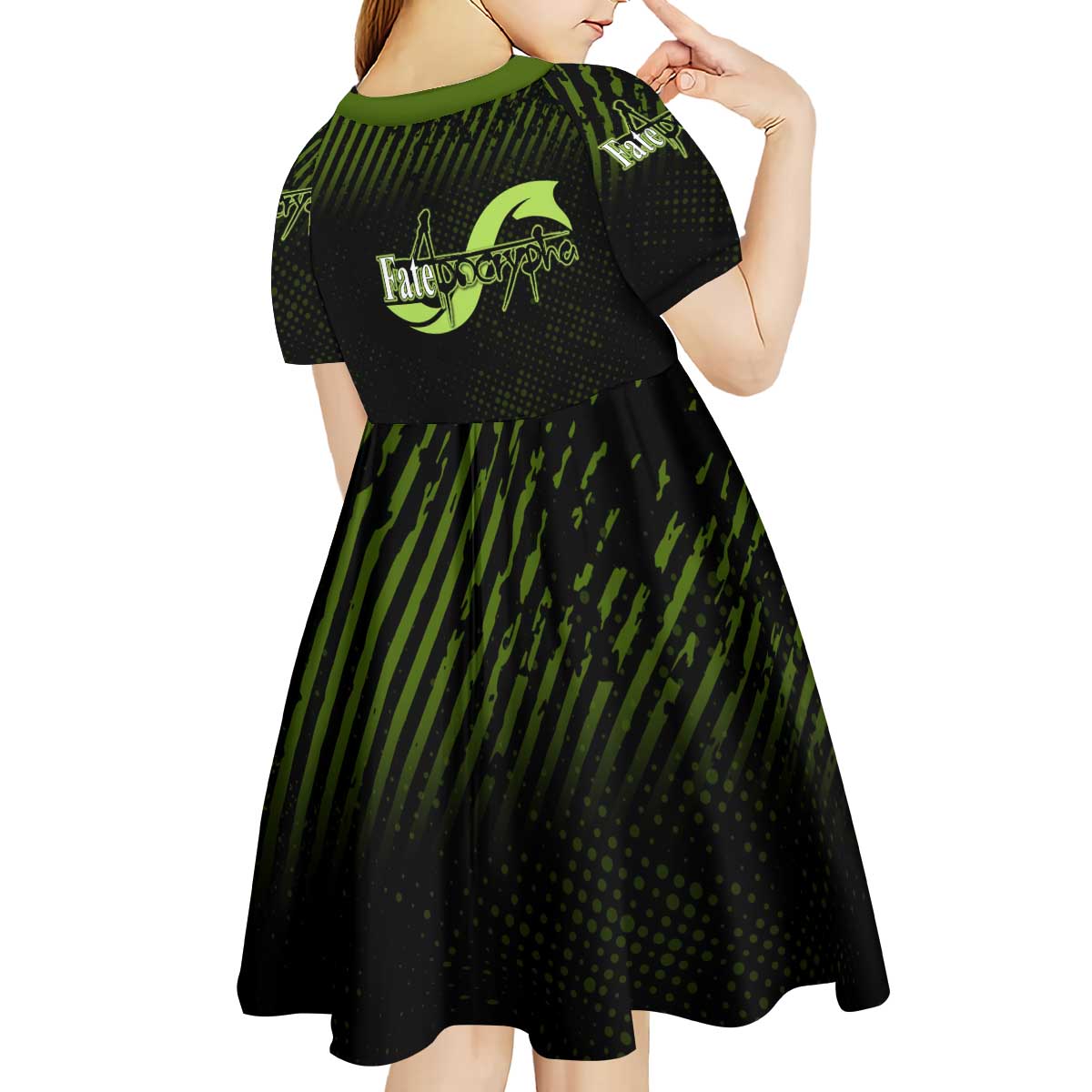 Achilles Fate Apocrypha Theme Kid Short Sleeve Dress with Spear Pose and Green Black Grunge Graphic Design - The Mazicc