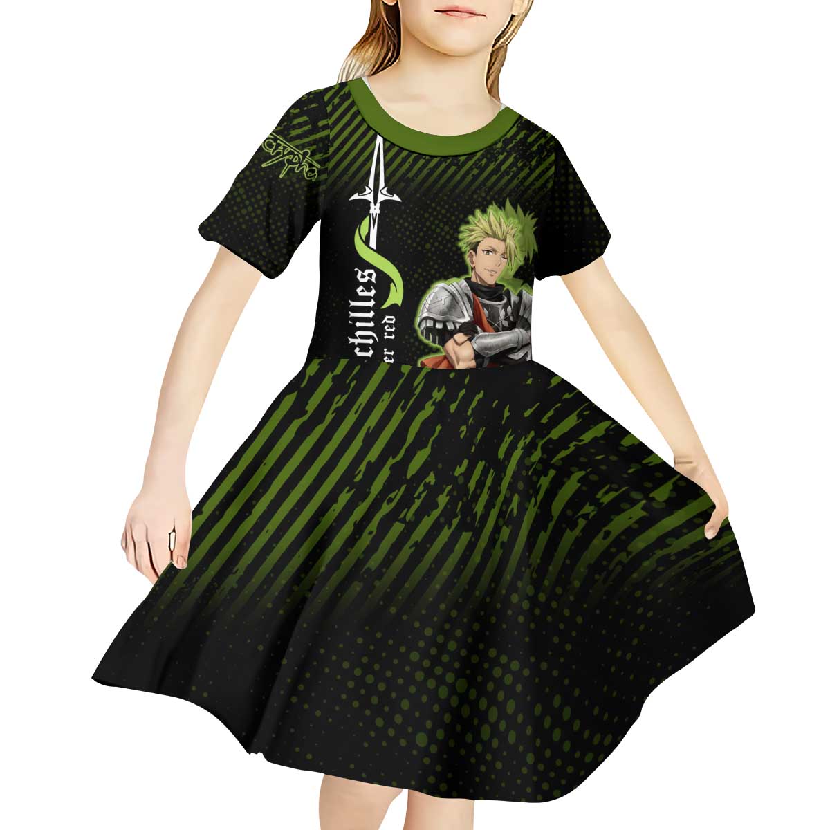 Achilles Fate Apocrypha Theme Kid Short Sleeve Dress with Spear Pose and Green Black Grunge Graphic Design - The Mazicc