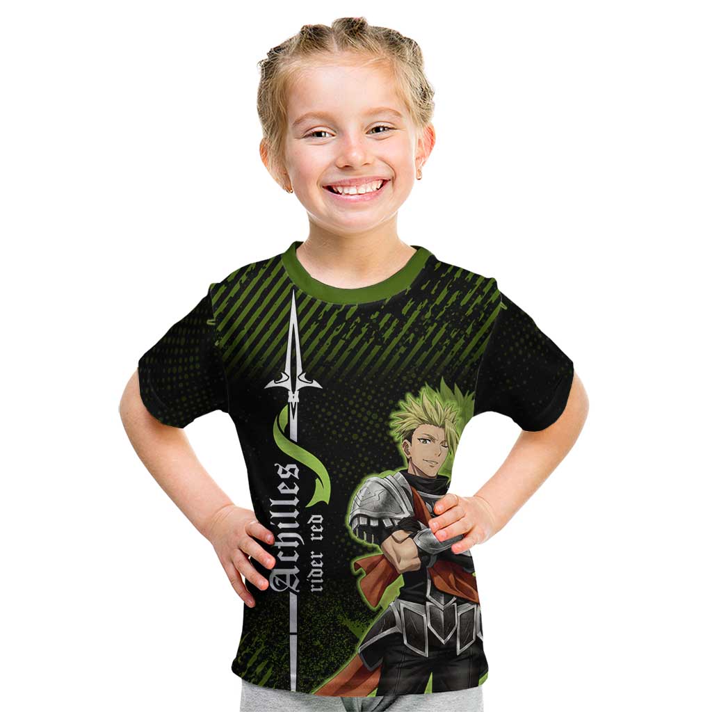 Achilles Fate Apocrypha Theme Kid T Shirt with Spear Pose and Green Black Grunge Graphic Design - The Mazicc