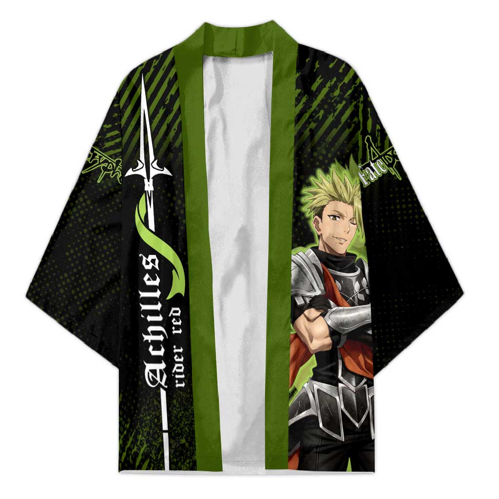 Achilles Fate Apocrypha Theme Kimono with Spear Pose and Green Black Grunge Graphic Design - The Mazicc