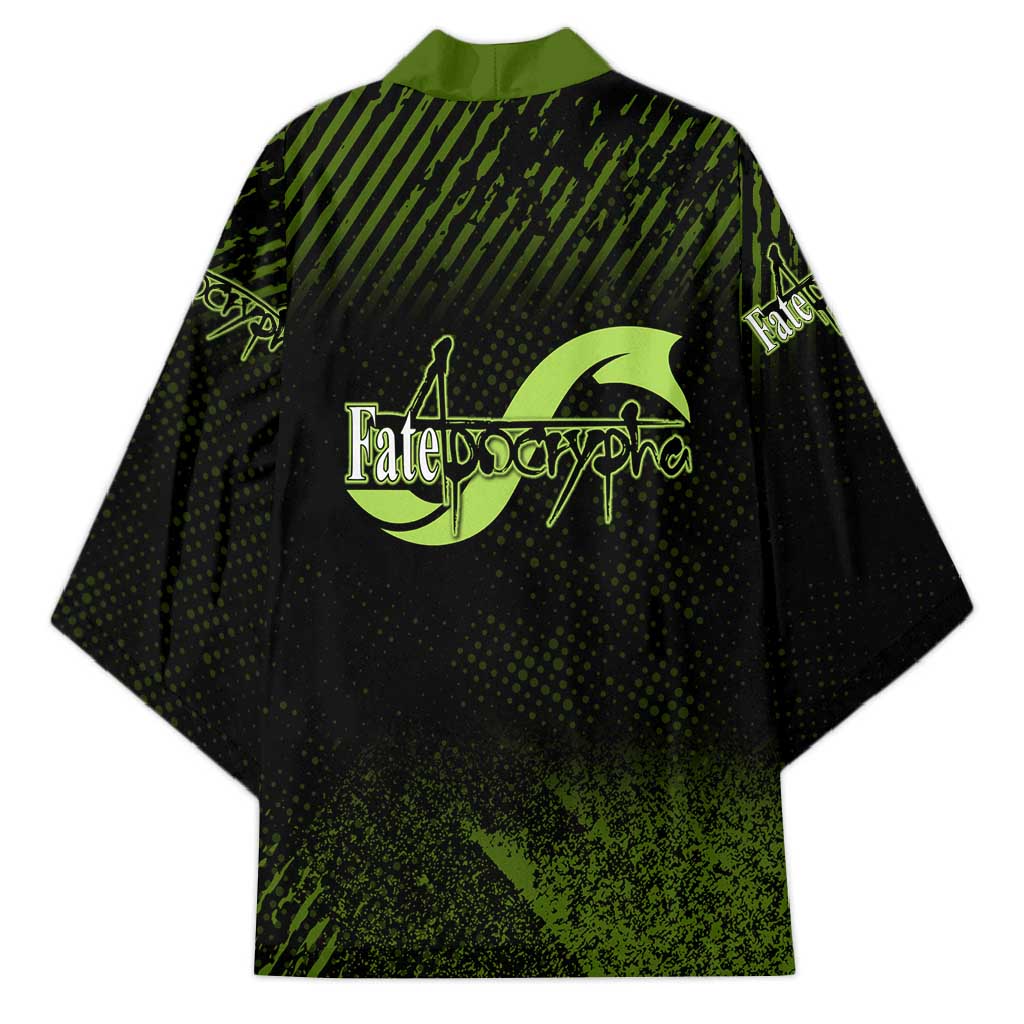 Achilles Fate Apocrypha Theme Kimono with Spear Pose and Green Black Grunge Graphic Design - The Mazicc