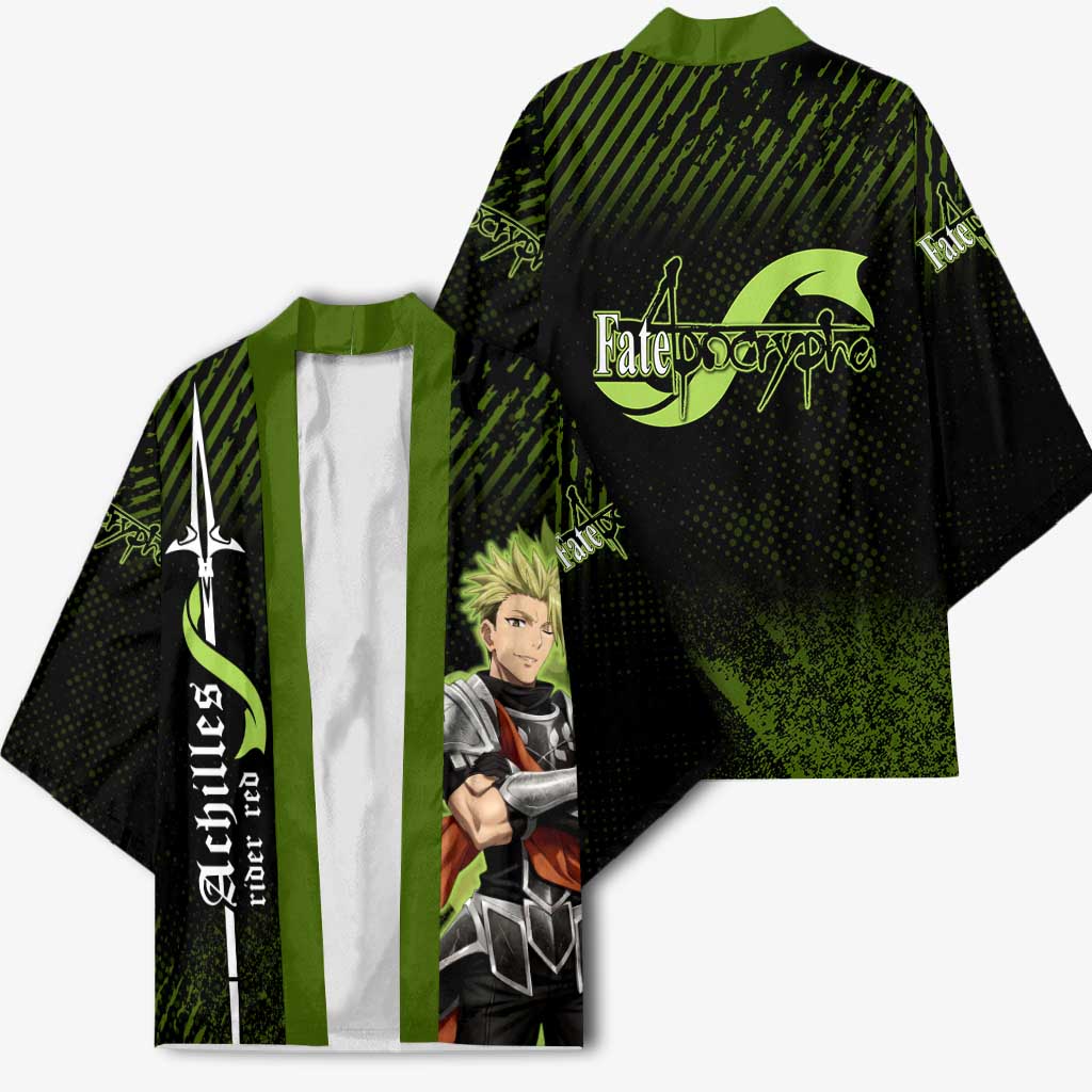 Achilles Fate Apocrypha Theme Kimono with Spear Pose and Green Black Grunge Graphic Design - The Mazicc