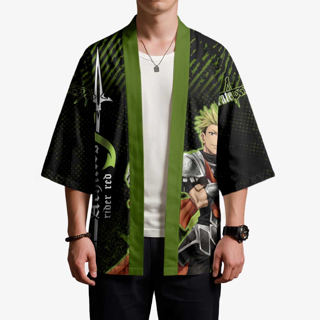 Achilles Fate Apocrypha Theme Kimono with Spear Pose and Green Black Grunge Graphic Design - The Mazicc
