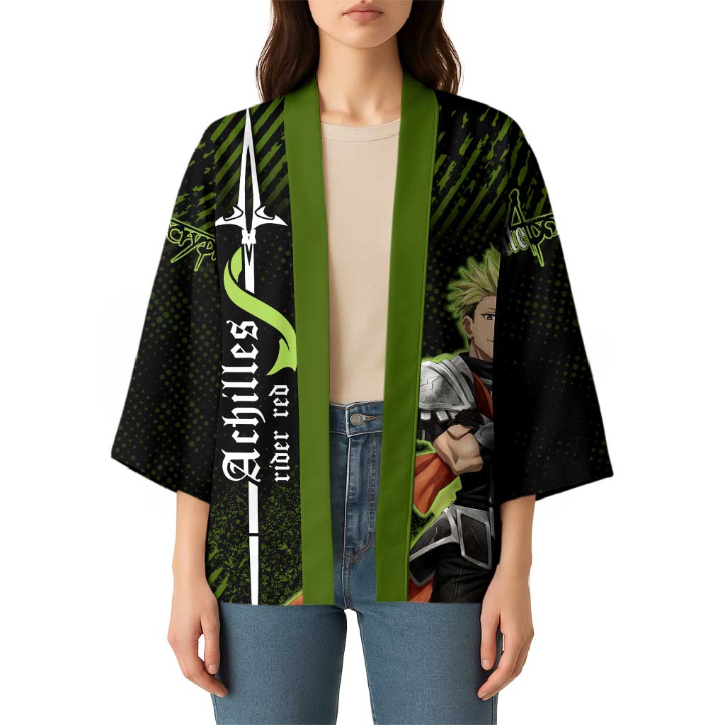 Achilles Fate Apocrypha Theme Kimono with Spear Pose and Green Black Grunge Graphic Design - The Mazicc