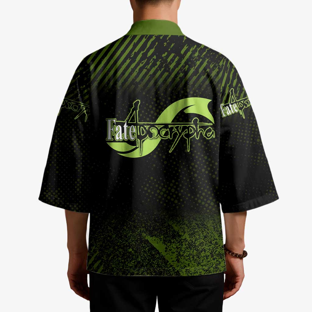 Achilles Fate Apocrypha Theme Kimono with Spear Pose and Green Black Grunge Graphic Design - The Mazicc