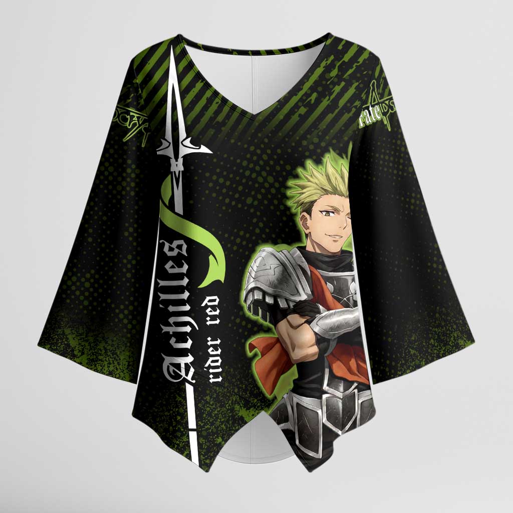 Achilles Fate Apocrypha Theme Kimono Sleeve Blouse with Spear Pose and Green Black Grunge Graphic Design - The Mazicc