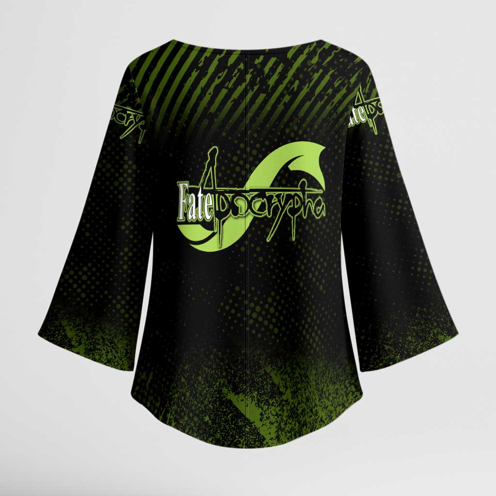 Achilles Fate Apocrypha Theme Kimono Sleeve Blouse with Spear Pose and Green Black Grunge Graphic Design - The Mazicc
