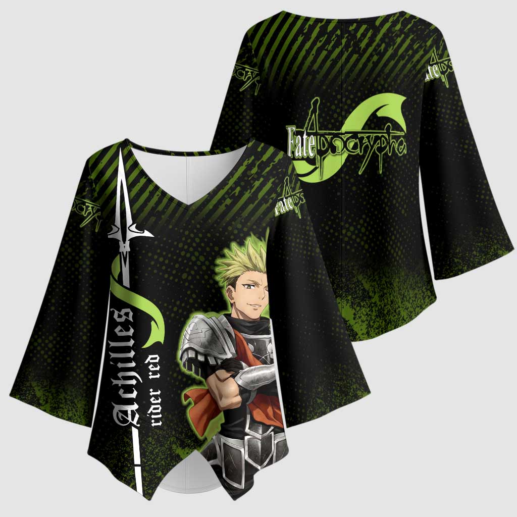 Achilles Fate Apocrypha Theme Kimono Sleeve Blouse with Spear Pose and Green Black Grunge Graphic Design - The Mazicc
