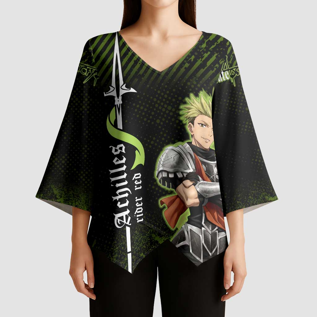Achilles Fate Apocrypha Theme Kimono Sleeve Blouse with Spear Pose and Green Black Grunge Graphic Design - The Mazicc