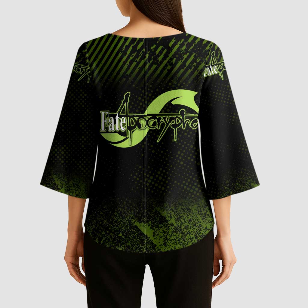 Achilles Fate Apocrypha Theme Kimono Sleeve Blouse with Spear Pose and Green Black Grunge Graphic Design - The Mazicc