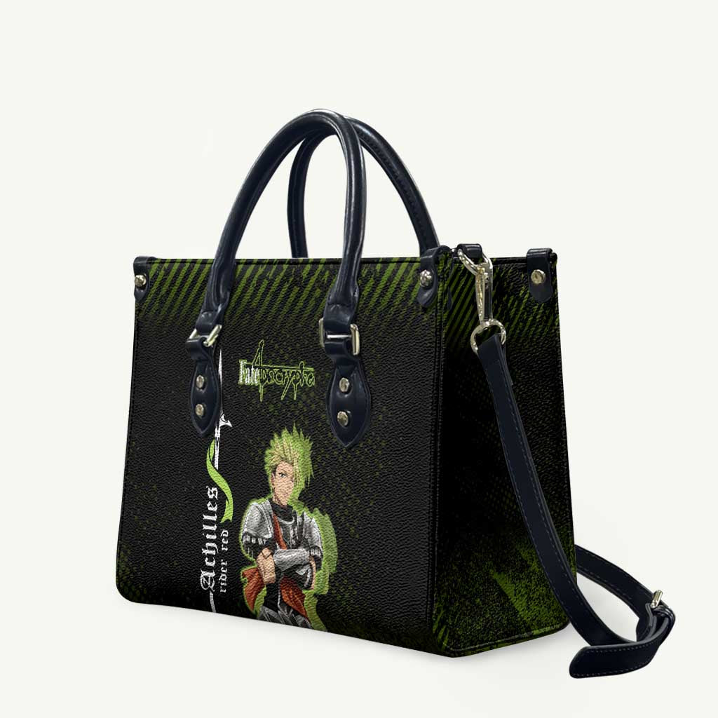 Achilles Fate Apocrypha Theme Leather Bag with Spear Pose and Green Black Grunge Graphic Design - The Mazicc