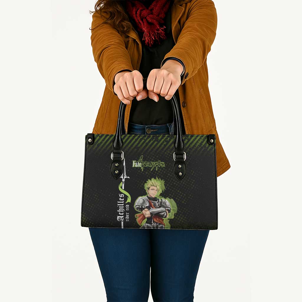 Achilles Fate Apocrypha Theme Leather Bag with Spear Pose and Green Black Grunge Graphic Design - The Mazicc