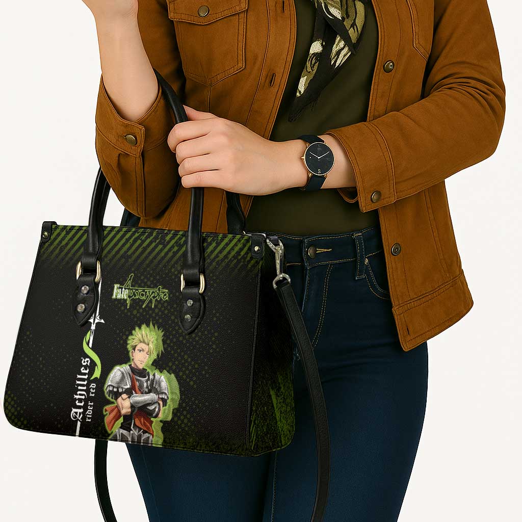 Achilles Fate Apocrypha Theme Leather Bag with Spear Pose and Green Black Grunge Graphic Design - The Mazicc