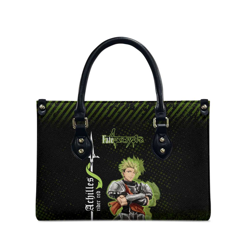 Achilles Fate Apocrypha Theme Leather Bag with Spear Pose and Green Black Grunge Graphic Design - The Mazicc