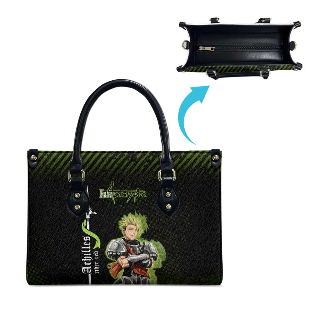 Achilles Fate Apocrypha Theme Leather Bag with Spear Pose and Green Black Grunge Graphic Design - The Mazicc