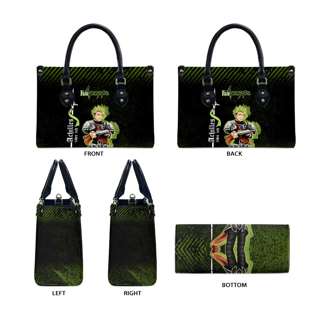 Achilles Fate Apocrypha Theme Leather Bag with Spear Pose and Green Black Grunge Graphic Design - The Mazicc