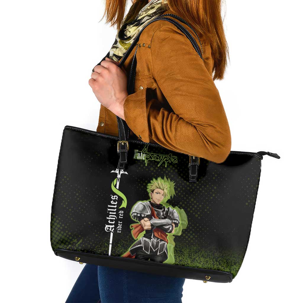 Achilles Fate Apocrypha Theme Leather Tote Bag with Spear Pose and Green Black Grunge Graphic Design - The Mazicc