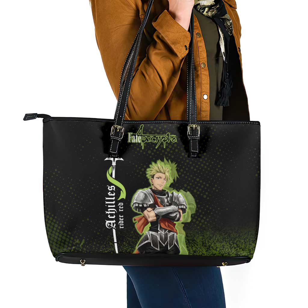 Achilles Fate Apocrypha Theme Leather Tote Bag with Spear Pose and Green Black Grunge Graphic Design - The Mazicc