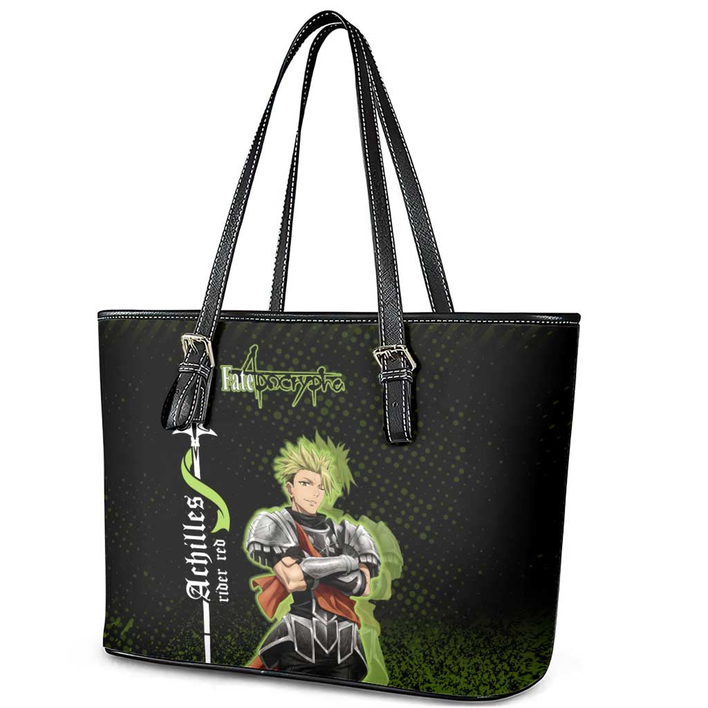Achilles Fate Apocrypha Theme Leather Tote Bag with Spear Pose and Green Black Grunge Graphic Design - The Mazicc