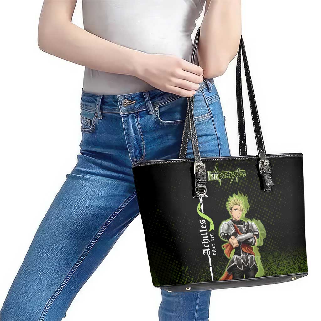 Achilles Fate Apocrypha Theme Leather Tote Bag with Spear Pose and Green Black Grunge Graphic Design - The Mazicc