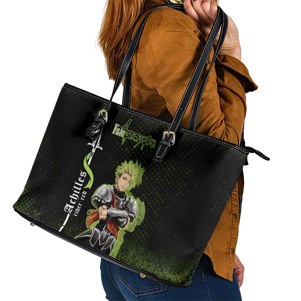 Achilles Fate Apocrypha Theme Leather Tote Bag with Spear Pose and Green Black Grunge Graphic Design - The Mazicc