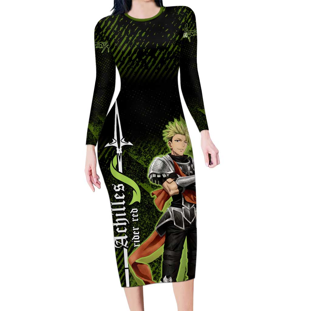 Achilles Fate Apocrypha Theme Long Sleeve Bodycon Dress with Spear Pose and Green Black Grunge Graphic Design - The Mazicc
