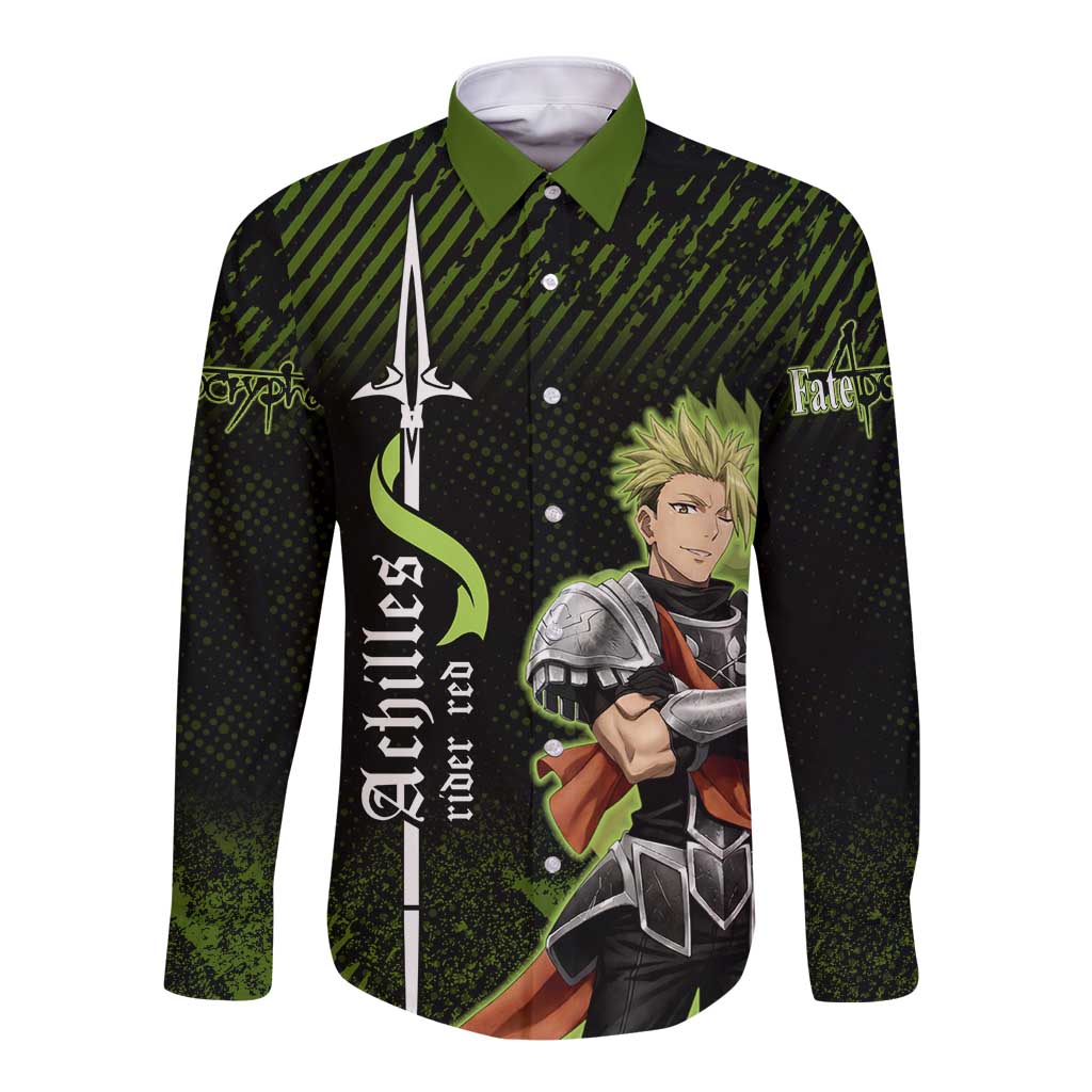 Achilles Fate Apocrypha Theme Long Sleeve Button Shirt with Spear Pose and Green Black Grunge Graphic Design - The Mazicc