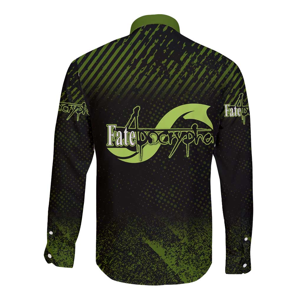 Achilles Fate Apocrypha Theme Long Sleeve Button Shirt with Spear Pose and Green Black Grunge Graphic Design - The Mazicc